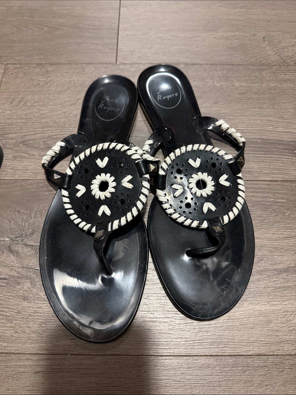Jack Rogers Black and White Braided Medallion Thong Sandals